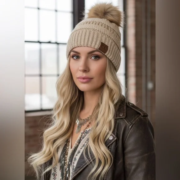 NWT C.C Beige PomPom Pom Pom Knit Beanie - Picture 2 of 4